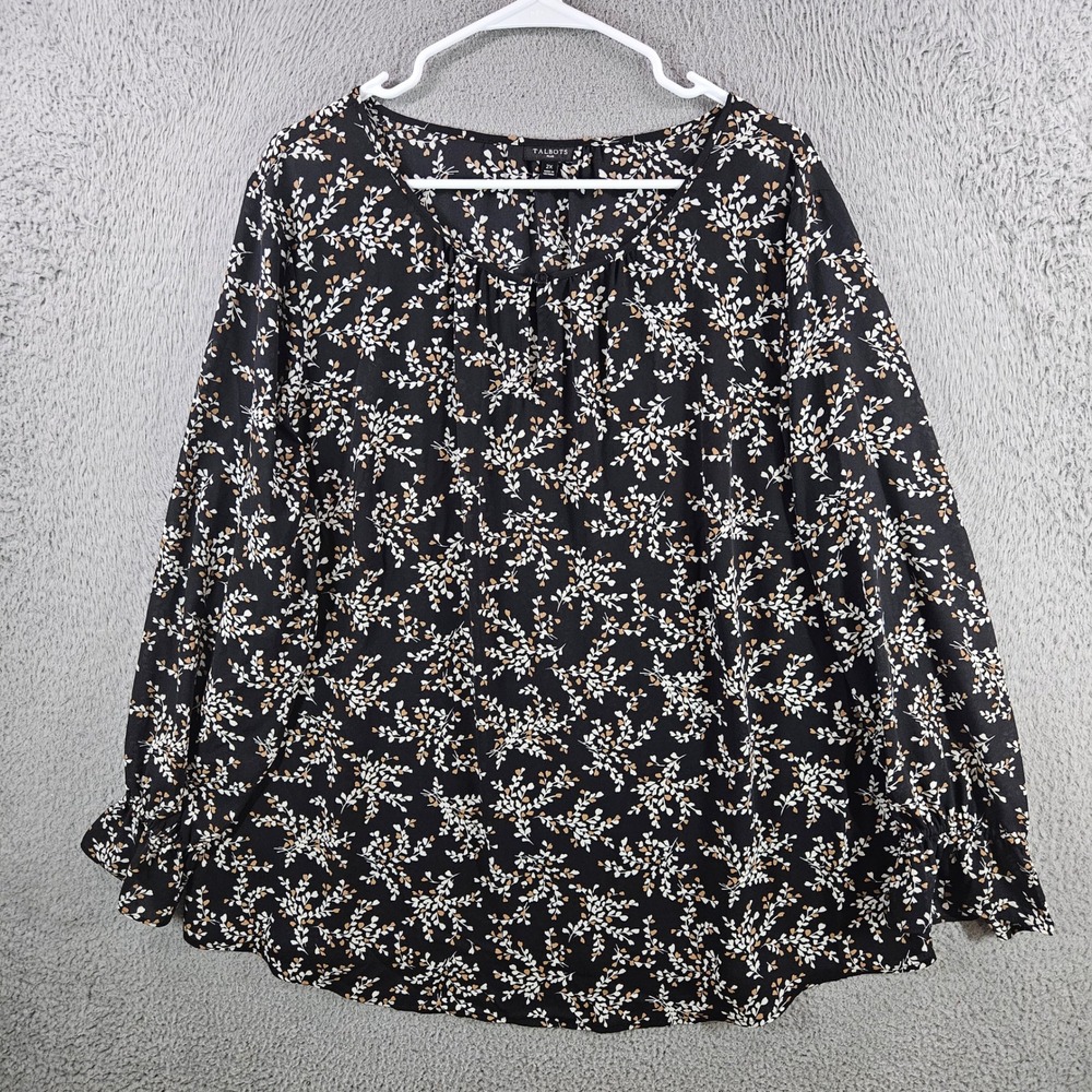 Talbots Plus 2X Black Floral Sprig Ruffle Cuff Blouse Long Sleeve Scoop Neck Top
